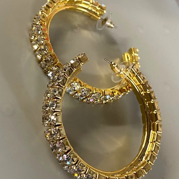 Gold Tone Hoop Rhinestone Pierced Post Earrings Women Sparkle Shine Dress Up - Picture 2 of 16